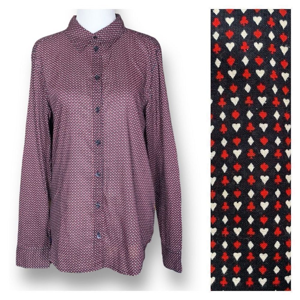 Benetton Shirt Black Red Long‎ Sleeve Button Front Card Suits Novelty Print